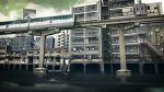  apartment canal cloud cloudy_sky day highres house kusakabe_(kusakabeworks) monorail no_humans original outdoors railing scenery sky stairs window 