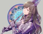  amatari_sukuzakki armor brown_eyes brown_hair fire_emblem fire_emblem:_kakusei gloves hair_ornament long_hair looking_at_viewer open_mouth simple_background smile solo sumia thighhighs weapon 