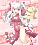  animal_ears artist_name bamboo_steamer bangs baozi bare_legs bare_shoulders black_panties blunt_bangs blush breasts cat_cutout china_dress chinese_clothes cleavage cleavage_cutout dress eating eyebrows_visible_through_hair fang food food_on_face full_body hair_bun hair_ornament hairclip haku_(p&amp;d) highres holding holding_food lilium0235 long_hair looking_at_viewer medium_breasts multicolored_hair navel navel_cutout open_mouth panties paw_print pelvic_curtain puzzle_&amp;_dragons red_eyes red_hair side-tie_panties side_slit signature sleeveless solo string_panties tail tiger_ears tiger_tail two-tone_hair underwear white_hair 