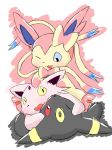  3_toes :3 ambiguous_gender black_fur black_nose blue_eyes blush bow canine cute duo ears_up eeveelution espeon forked_tail fur long_ears mammal nintendo on_top one_eye_closed open_mouth pawpads pink_fur pink_paws pok&eacute;mon pok&eacute;mon_(species) purple_fur raised_tail red_eyes ribbons sketch snout surprise sylveon toes umbreon video_games white_fur yellow_eyes yukimi_rumine 