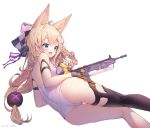  :d ass asymmetrical_legwear bangs bare_shoulders black_legwear blonde_hair blue_eyes blush bow braid breasts checkered checkered_bow commentary eyebrows_visible_through_hair fang g41_(girls_frontline) girls_frontline gun h&amp;k_g41 hair_between_eyes hair_bow hair_ornament heterochromia highres lee_seok_ho long_hair looking_away low-tied_long_hair name_tag object_namesake one-piece_swimsuit open_mouth purple_ribbon red_eyes ribbon school_swimsuit signature simple_background single_thighhigh small_breasts smile solo swimsuit thighhighs very_long_hair weapon white_background white_swimsuit 