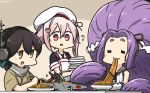  3girls :d absurdly_long_hair aircraft airplane apron black_serafuku brown_eyes brown_hair chopsticks commentary_request dated eating food gloves hair_between_eyes hamu_koutarou harusame_(kantai_collection) hat hatsuharu_(kantai_collection) headphones highres holding holding_chopsticks japanese_clothes kantai_collection kasuga_maru_(kantai_collection) long_hair multiple_girls open_mouth pink_hair prehensile_hair purple_hair red_eyes remodel_(kantai_collection) sailor_hat school_uniform serafuku short_hair short_sleeves sleeveless smile taiyou_(kantai_collection) very_long_hair white_apron white_gloves white_hat 