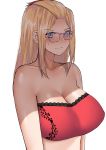  absurdres bangs_pinned_back bare_arms bare_shoulders bespectacled blonde_hair blue_eyes blush breasts cleavage closed_mouth collarbone commentary crop_top embarrassed english_commentary eyebrows_visible_through_hair glasses hair_ornament hairclip highres inne-sensei_(norman_maggot) large_breasts long_hair looking_at_viewer midriff norman_maggot original red_shirt shirt sidelocks strapless sweatdrop 