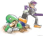  2boys brown_hair costume facial_hair gloves green_hat hat luigi mario_(series) multiple_boys mustache nintendo one_eye_closed simple_background super_mario_bros. tears teeth waluigi white_background 