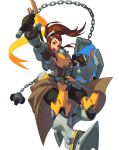  :d armor ball_and_chain boots breastplate brigitte_(overwatch) brown_eyes brown_gloves brown_hair clenched_hand floating_hair freckles gauntlets gloves holding holding_shield holding_weapon kotatsu_(g-rough) looking_at_viewer open_mouth overwatch ponytail shield simple_background smile solo waist_cape weapon white_background 