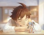  ahoge beitemian blurry brown_hair closed_eyes depth_of_field desk gundam gundam_00_diver gundam_build_divers gunpla long_sleeves male_focus mikami_riku necktie parted_lips school_desk school_uniform short_hair sleeping solo vest 