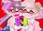  2girls aori_(splatoon) black_hair blush brown_eyes chichi_band commentary_request controller cousins detached_collar domino_mask eyebrows_visible_through_hair face-to-face fangs food food_on_head game_controller gloves grey_hair grin hotaru_(splatoon) long_hair mask mole mole_under_eye multiple_girls nintendo_switch object_on_head open_mouth paint_splatter short_hair smile splatoon_(series) splatoon_1 strapless symmetrical_hand_pose tentacle_hair white_gloves yuri 