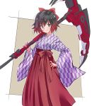  black_hair bow commentary_request cosplay crescent_rose gradient_hair haikara-san_ga_tooru hair_bow hanamura_benio hanamura_benio_(cosplay) hayami_saori highres iesupa japanese_clothes multicolored_hair red_hair ruby_rose rwby scythe seiyuu_connection short_hair silver_eyes solo two-tone_hair yagasuri 