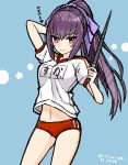  artist_name bloomers blue_background breasts commentary_request dated eyebrows_visible_through_hair fate/grand_order fate_(series) gym_uniform high_ponytail highres long_hair looking_at_viewer medium_breasts name_tag navel noyamanohana purple_hair red_eyes scathach_(fate)_(all) scathach_skadi_(fate/grand_order) shirt smile solo t-shirt underwear wand 