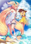  artist_name black_(blackfallsensei) blazblue blonde_hair blue_sky cloud cloudy_sky commentary day dress green_eyes highres leg_garter long_hair multiple_girls platinum_the_trinity sky sundress trinity_glassfield twintails very_long_hair water 