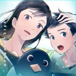  1girl :o aoyama-kun_(penguin_highway) bird black_hair blue_background blue_eyes bubble copyright_name dated long_hair looking_at_viewer onee-san_(penguin_highway) penguin penguin_highway purple_eyes upper_body wata5119 