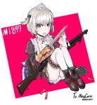  belt blonde_hair blood blood_on_face bloody_clothes blue_eyes character_name combat_knife commentary empty_eyes girls_frontline gloves gun highres knife kongthegrain looking_at_viewer m1897_(girls_frontline) short_hair shotgun shotgun_shells shovel simple_background solo thighhighs weapon winchester_model_1897 