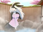  2018 anthro breasts brown_eyes brown_fur canine day detailed_background digital_media_(artwork) female fur hybrid infinitedge2u lagomorph mammal naked_towel open_mouth outside partially_submerged rabbit sky smile solo steam tongue towel wolf 