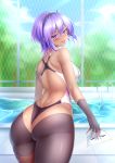  ass bare_shoulders blush breasts competition_swimsuit dark_skin fate/grand_order fate_(series) fence fingerless_gloves gloves hairband hassan_of_serenity_(fate) highres looking_at_viewer looking_back mask mask_removed naughty_face one-piece_swimsuit pool purple_eyes purple_hair solo swimsuit thighs tongue zuizhong 