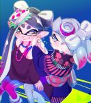  2girls 80s adjusting_earrings alternate_costume aori_(splatoon) black_hair black_kimono black_shirt blue_legwear brown_eyes chichi_band closed_mouth commentary_request cousins earrings food food_on_head grey_hair hotaru_(splatoon) japanese_clothes jewelry kimono long_hair long_sleeves looking_at_another loose_socks multicolored multicolored_clothes multicolored_legwear multiple_girls necklace object_on_head off-shoulder_shirt oldschool pantyhose pointy_ears print_kimono putting_on_jewelry shirt short_hair sitting smile sparkle splatoon_(series) standing tank_top wide_sleeves 