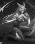  2018 5_fingers alanscampos anthro breasts clothed clothing digital_media_(artwork) female fish greyscale hair horn looking_at_viewer marine monochrome shark solo 