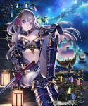  armor bare_shoulders black_skirt breasts cross dock esukee knee_up kneehighs lantern long_hair looking_at_viewer medium_breasts multiple_girls navel night night_sky official_art outdoors plant purple_eyes sengoku_saga sheath sheathed ship silver_hair sitting skirt sky solo_focus star_(sky) starry_sky sword tanzaku watercraft watermark weapon 