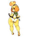  2018 animal_crossing anthro barefoot bedroom_eyes butt canine dog female fur half-closed_eyes hi_res isabelle_(animal_crossing) looking_at_viewer looking_back mammal negarobo nintendo presenting presenting_hindquarters raised_skirt rear_view seductive shih_tzu smile solo standing tong video_games yellow_fur 