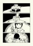  4koma comic desk drawer drawing expressionless greyscale highres holding holding_pen hood hoodie ink inkwell monochrome nib_pen_(object) no_nose original paper pas_(paxiti) pen ponytail short_hair 