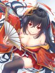  aircraft airplane artist_name azur_lane bare_shoulders black_hair black_legwear breasts cleavage crossed_legs dated fan folding_fan from_above hair_between_eyes hair_ribbon highres japanese_clothes kimono large_breasts long_hair looking_at_viewer mask mask_on_head off_shoulder red_eyes red_kimono red_ribbon ribbon shenhai_(2556146833) shikigami sitting smile solo taihou_(azur_lane) thighhighs twintails very_long_hair 