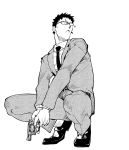  formal glasses greyscale gun handgun headset highres male_focus monochrome necktie one_knee original pistol saitoukuniko-3 screentones short_hair simple_background suit trigger_discipline weapon white_background 