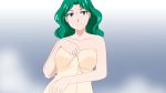  animated animated_gif areolae bishoujo_senshi_sailor_moon blinking blue_background blue_eyes bouncing_breasts breasts closed_mouth commentary earrings english_commentary green_earrings green_hair head_tilt highres jewelry kaiou_michiru large_breasts long_hair looking_at_viewer naked_towel nipples rikeza sailor_neptune simple_background smile solo stud_earrings towel white_background yellow_towel 