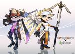  2girls aori_(splatoon) armor artist_name black_hair blue_eyes blue_hair bodysuit carrying_over_shoulder commentary_request copyright_name cosplay coula_cat cousins english gradient_hair greaves grey_hair grin gun headgear highres holding holding_weapon hotaru_(splatoon) long_hair looking_at_viewer mercy_(overwatch) mercy_(overwatch)_(cosplay) metal_wings mole mole_under_eye multicolored_hair multiple_girls open_mouth overwatch pale_skin purple_hair rifle sharp_teeth short_hair smile sniper_rifle splatoon_(series) staff standing teeth weapon widowmaker_(overwatch) widowmaker_(overwatch)_(cosplay) wings yellow_eyes 