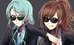  aqua_hair arm_on_shoulder bang_dream! brown_hair earrings eyewear_pull formal green_eyes grey_background hikawa_sayo imai_lisa jewelry licking_lips long_hair looking_at_viewer multiple_girls nail_polish necktie ponytail raikou104 scowl simple_background suit sunglasses tongue tongue_out 