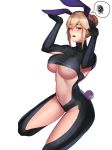  absurdres animal_ears armpit_cutout artoria_pendragon_(all) artoria_pendragon_(lancer_alter) black_bodysuit blonde_hair bodysuit breasts bunny_ears collarbone cropped_legs drk100 fake_animal_ears fate_(series) hair_bun highres large_breasts looking_at_viewer navel open_mouth ribbed_bodysuit solo speech_bubble stomach turtleneck underboob white_background yellow_eyes 
