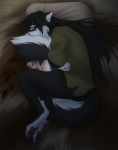  2018 anthro barefoot black_fur black_hair canine clothed clothing crying digital_media_(artwork) digitigrade female fur hair inkrend mammal red_eyes solo tears wolf wounded 