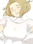  bel_(pokemon) blonde_hair breasts canari closed_eyes commentary_request crying dress droplet facing_viewer highres large_breasts light_brown_hair medium_hair pokemon pokemon_(game) pokemon_bw simple_background solo tears upper_body white_background white_dress 