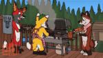  2018 animated anthro apron barbecue burger canine cervine clothing cooking day eating feline food fox fruit fur horn humor jibbin_kodiyak leopard loop mammal moon night outside party pineapple sun tree wolf 
