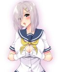  absurdres blue_eyes blush breasts button_gap collarbone commentary_request eyebrows_visible_through_hair eyes_visible_through_hair gloves gradient gradient_background hair_ornament hair_over_one_eye hairclip hamakaze_(kantai_collection) highres kantai_collection large_breasts looking_at_viewer open_clothes open_mouth open_shirt paizuri_invitation pink_lips sailor_collar sarfata school_uniform serafuku short_hair short_sleeves silver_hair simple_background solo twitter_username upper_body white_background white_gloves yellow_neckwear 