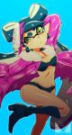  1girl :o aori_(splatoon) arm_behind_head bikini black_bikini black_footwear black_hair blue_footwear boots breasts chichi_band coat commentary_request domino_mask earrings food food_on_head head_tilt high_heel_boots high_heels jewelry leg_up long_hair long_sleeves looking_at_viewer mask medium_breasts mole mole_under_eye object_on_head open_clothes open_coat parted_lips pose purple_coat solo splatoon_(series) splatoon_2 standing standing_on_one_leg sushi swimsuit triangular_headpiece watermark yellow_eyes 
