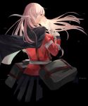  bag bandage_over_one_eye black_background fate/grand_order fate_(series) florence_nightingale_(fate/grand_order) from_behind gloves highres hoshi_rasuku jacket_on_shoulders long_hair looking_at_viewer pink_hair red_eyes satchel skirt twitter_username white_gloves 