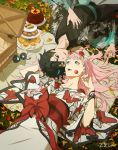  1girl absurdres alternate_costume animal_print black_kimono blue_horns butterfly_print cake candy couple darling_in_the_franxx eye_contact eyeliner food green_eyes hairband hetero highres hiro_(darling_in_the_franxx) japanese_clothes kimono lollipop looking_at_another lying makeup multiple_girls oni_horns picnic_basket pink_hair red_horns white_hairband white_kimono zero_two_(darling_in_the_franxx) zzl 
