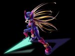  1boy android black_background blue_eyes capcom energy_blade energy_sword helmet long_hair male_focus rockman rockman_zero simple_background solo standing stanio_blue sword weapon zero_(rockman) 