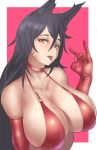  1girl ahri animal_ears bikini bikini_top black_hair breasts choker cleavage fox_ears gloves js_(wlstjd9595) large_breasts league_of_legends long_hair open_mouth red_bikini red_gloves swimsuit tongue tongue_out yellow_eyes 