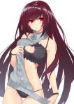  aran_sweater backless_dress backless_outfit bangs bare_shoulders black_bra black_panties blush bra breasts cat_cutout cat_lingerie cleavage cleavage_cutout clothes_pull clothes_tug collarbone commentary_request cowboy_shot dress eyebrows_visible_through_hair fate/grand_order fate_(series) frilled_bra frills grey_sweater groin hair_between_eyes hair_intakes hand_on_own_chest head_tilt hips large_breasts lingerie long_hair looking_at_viewer looking_to_the_side meme_attire open_mouth panties purple_hair red_eyes ribbed_sweater scathach_(fate)_(all) scathach_(fate/grand_order) shiny shiny_hair shunichi simple_background smile solo stomach sweater sweater_dress sweater_pull sweater_tug thighs turtleneck underwear very_long_hair virgin_killer_sweater white_background wristband 