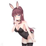  absurdres animal_ears bangs black_choker black_leotard blue_eyes blunt_bangs breasts brown_hair bunny_ears bunny_girl bunny_tail bunnysuit carrot choker eyebrows_visible_through_hair fishnet_pantyhose fishnets highres large_breasts leaning_forward leotard long_hair looking_at_viewer mole mole_on_breast new_game! pantyhose ponytail sainohikari sidelocks solo strapless strapless_leotard tail takimoto_hifumi thighhighs wrist_cuffs 