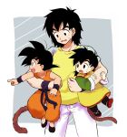  :d :o age_difference black_eyes black_footwear black_hair brothers carrying cowboy_shot d: denim dougi dragon_ball dragon_ball_(classic) dragon_ball_z father_and_son full_body grey_background happy highres index_finger_raised jeans looking_away male_focus multiple_boys nervous nishi1225 open_mouth pants pointing profile shirt short_hair siblings simple_background smile son_gohan son_gokuu son_goten spiked_hair standing sweatdrop tail time_paradox two-tone_background wavy_mouth white_background white_pants wristband yellow_shirt 