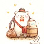  backpack bag bear black_hat blush bow bowtie handbag hat leaf no_humans original red_bow red_neckwear shopping_bag signature st.kuma standing suitcase traditional_media watercolor_(medium) 