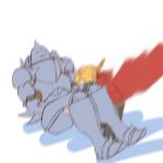  alphonse_elric armor blonde_hair blurry brothers carrying coat edward_elric falling full_armor full_body fullmetal_alchemist male_focus multiple_boys princess_carry red_coat siblings simple_background tabixneko white_background 
