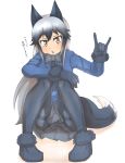  \n/ animal_ears arm_rest bangs black_footwear black_gloves black_hair black_legwear black_neckwear blue_jacket bow bowtie brown_eyes buttons commentary_request extra_ears fox_ears fox_tail full_body fur-trimmed_footwear fur-trimmed_sleeves fur_trim gloves grey_hair hand_up head_tilt highres jacket kemono_friends long_hair long_sleeves looking_at_viewer necktie panties panties_under_pantyhose pantyhose pantyshot pantyshot_(squatting) see-through shoes silver_fox_(kemono_friends) silver_hair skirt solo squatting tail thin_(suzuneya) translation_request underwear 