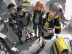  404_(girls_frontline) 4girls arm_hug armband assault_rifle backlighting bangs bare_shoulders belt beret black_footwear black_hat black_jacket black_legwear black_neckwear black_ribbon black_scarf black_shorts black_skirt blunt_bangs boots breasts brown_hair buttons cable closed_mouth collared_shirt commentary_request cross-laced_footwear day dress_shirt egk513 eyes_closed facial_mark finger_on_trigger floating_hair from_above g11_(girls_frontline) garter girls_frontline gloves green_eyes green_hat green_jacket grey_hair grey_shirt grey_skirt gun h&amp;k_ump hair_between_eyes hair_ornament hairclip hand_on_hip hat heckler_&amp;_koch heels highres hk416 hk416_(girls_frontline) holding holding_gun holding_weapon hood hood_down hooded_jacket jacket knee_pads kneehighs large_breasts leaning_on_person long_hair long_sleeves looking_at_viewer military military_uniform miniskirt multiple_girls neck_ribbon necktie off_shoulder one_eye_closed one_side_up open_clothes open_jacket orange_eyes outdoors pantyhose parted_lips plaid plaid_skirt pleated_skirt ribbon rifle ruins scar scar_across_eye scarf shadow shirt shoes short_shorts shorts sidelocks silver_hair skirt sleeveless sleeveless_shirt sleeves_past_wrists smile standing strap_slip submachine_gun thighhighs twintails ump45_(girls_frontline) ump9_(girls_frontline) uniform weapon white_footwear white_gloves wristband yellow_eyes yellow_neckwear zettai_ryouiki 