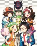  3boys :&lt; :d ahoge animal antenna_hair bag baseball_cap bel_(pokemon) black_hair black_wristband blonde_hair blue_eyes blue_jacket brown_hair cheren_(pokemon) gen_5_pokemon green_eyes handbag hat holding holding_animal jacket long_hair looking_at_viewer multiple_boys multiple_girls munna n_(pokemon) nagiru open_mouth oshawott pants parted_lips pokemon pokemon_(creature) pokemon_(game) pokemon_bw ponytail purrloin short_hair sidelocks smile snivy tepig touko_(pokemon) touya_(pokemon) wristband zipper zorua 