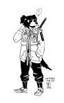  2017 ? anthro artsenix border_collie canine clothed clothing collie dog english_text footwear hi_res jacket japanese_text katana male mammal melee_weapon pants signature simple_background solo speech_bubble standing sword text traditional_media_(artwork) weapon 