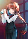  :d alternate_costume bartender belt black_pants black_vest brown_eyes brown_hair buttons cocktail_shaker comah eyebrows_visible_through_hair hair_between_eyes hair_ornament hairclip holding kantai_collection long_hair long_sleeves low_twintails necktie no_hat no_headwear open_mouth pants red_neckwear shirt smile solo tashkent_(kantai_collection) twintails vest white_shirt 