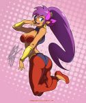  1girl ass bare_, bare_arms blue_eyes bracer breasts curvy dark_skin earrings full_body halftone halftone_background happy harem_pants hips jewelry jumping legs long_hair looking_at_viewer medium_breasts o-ring o-ring_top open_mouth pants pink_background pointy_ears ponytail purple_hair shantae_(character) shantae_(series) shoes shoulders smile solo teeth thighs tirnanogindustries tongue wide_hips 
