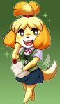  2018 absurd_res animal_crossing anthro blonde_hair canine clothed clothing digital_media_(artwork) dog female gradient_background hair hi_res isabelle_(animal_crossing) letter mammal nintendo open_mouth open_smile shih_tzu signature simple_background sketchy_skylar skirt smile solo tailwag video_games 